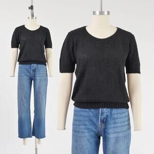 Vintage 80s Black Zig Zag Striped Short Sleeve Top Acrylic Knit Sweater S